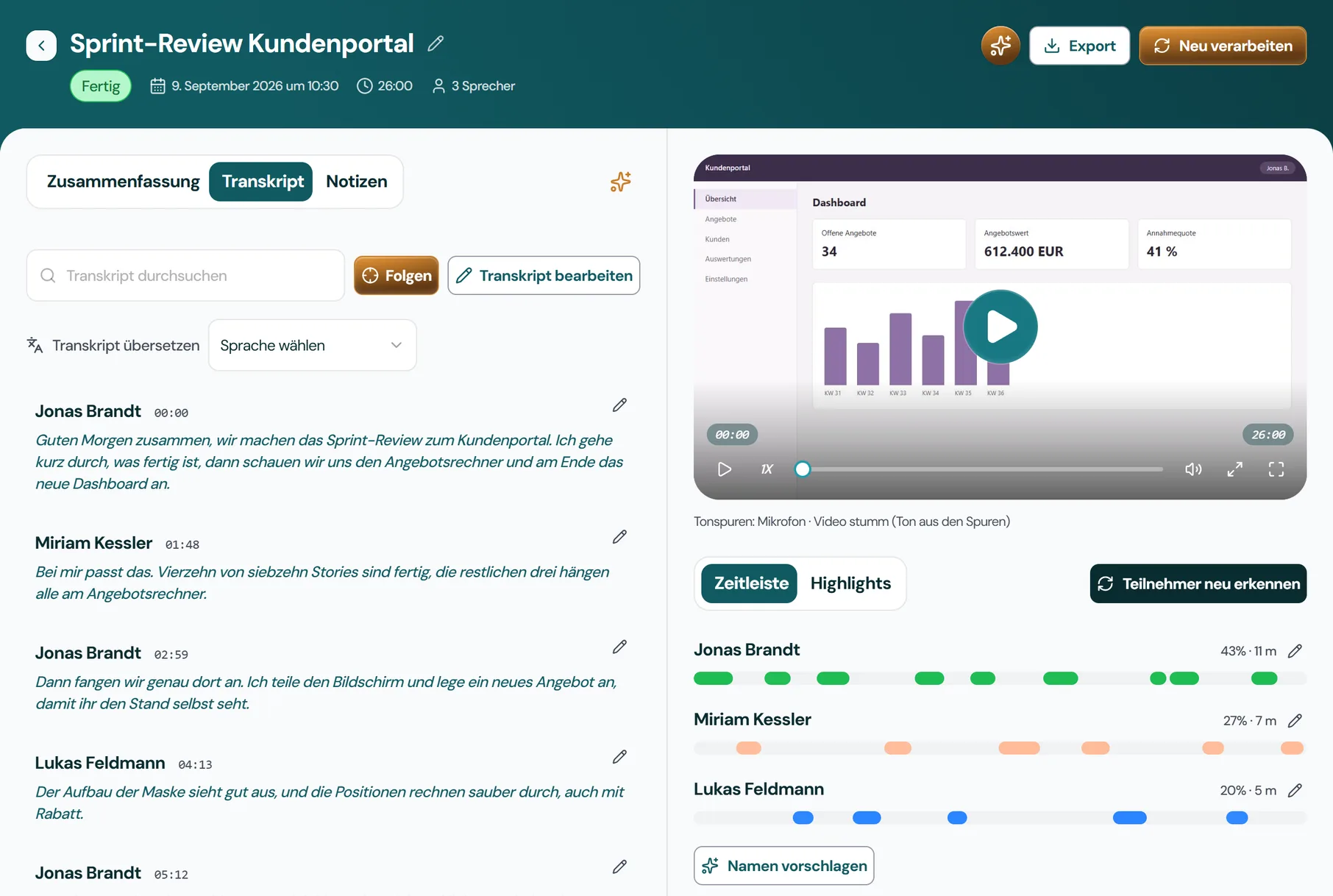 Transkript mit Sprechernamen und Zeitmarken